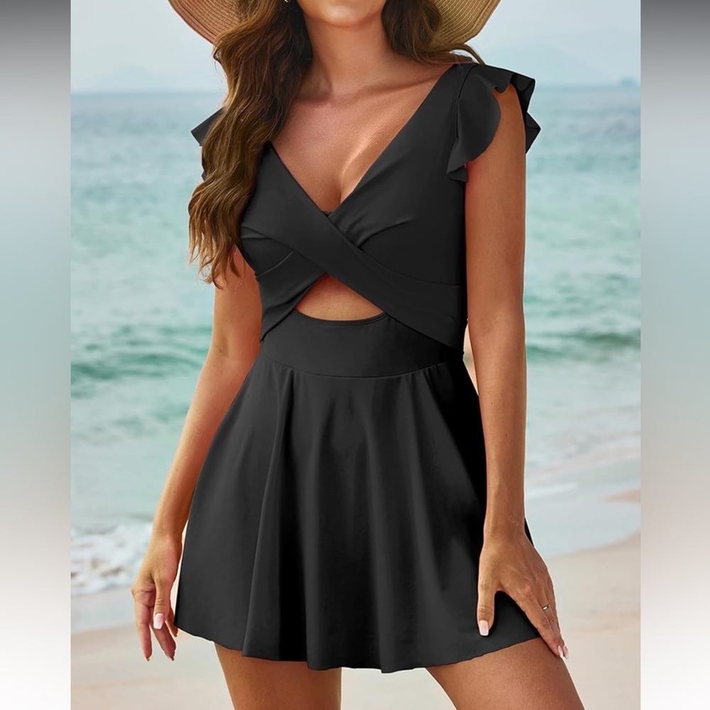 One Piece Swimsuit Ruffle Cutout Swimdress Tummy Control V Neck Wrap bikini